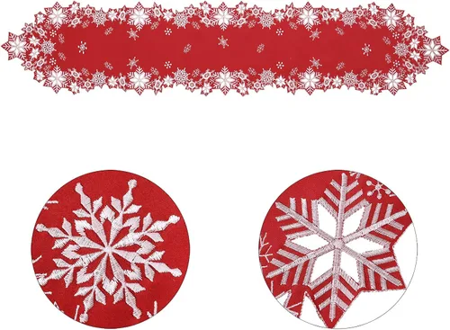 Miniatura 4 de Caminos de mesa bordados con copos de nieve para Navidad e invierno (rojo, 14 x 34 pulgadas)