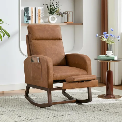 Mecedora deslizante para guardería con reposapiés ajustable, silla giratoria acolchada suave con respaldo alto, dos bolsillos laterales, patas de