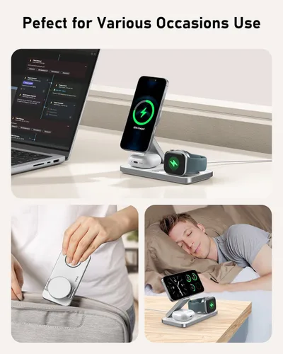 Miniatura 2 de VBA Estación de carga inalámbrica 3 en 1 para cargador Apple MagSafe, soporte de cargador inalámbrico magnético plegable de carga rápida, cargador