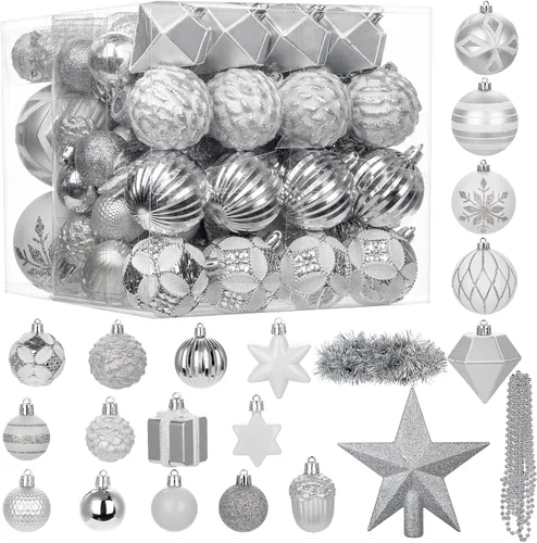 Miniatura 7 de 100 piezas de juego de adornos de Navidad azul y blanco – Kit de bolas de decoración de árbol de Navidad inastillables con estrella de copa