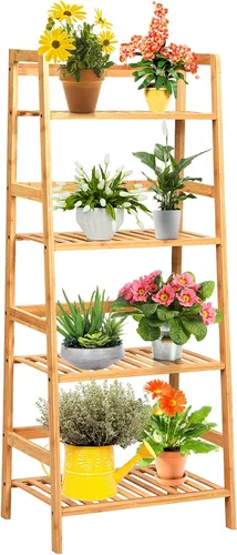 S AFSTAR Soporte de bambú de 4 niveles, estante independiente multifuncional con barandillas, estante de exhibición de plantas en maceta para sala