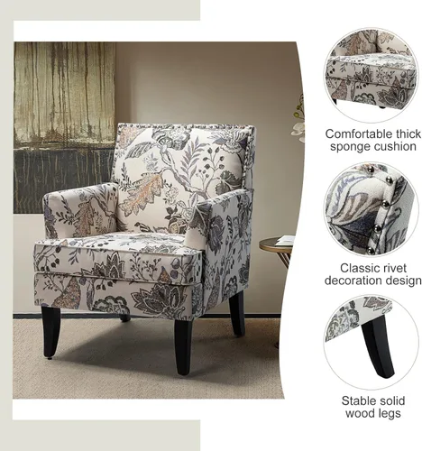 Miniatura 5 de HULALA HOME Silla de Acento Moderna con Brazos y Patas de Madera, Silla de Acento con Patrón Floral Sillón de Respaldo Alto, Reposabrazos Acolchados