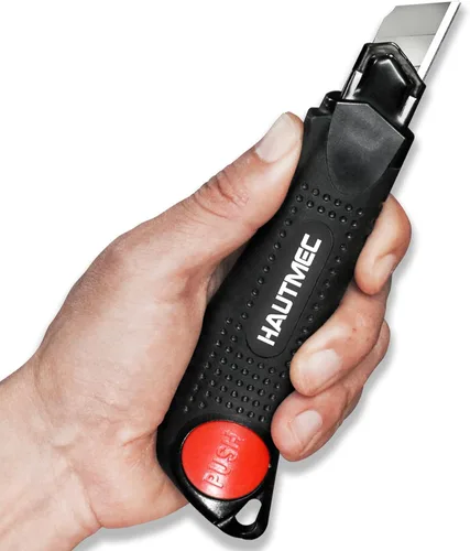 Miniatura 5 de HAUTMEC Cuchillo utilitario de 18 mm con agarre suave y bloqueo automático con interruptor de seguridad rojo, cortador resistente con hoja negra