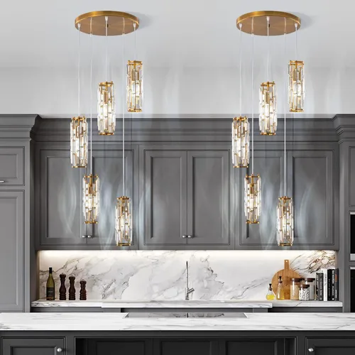 Miniatura 3 de LMQNINE - Lámpara colgante, lámparas colgantes modernas doradas, mini candelabros de cristal, iluminación colgante ajustable de 5 luces para cocina