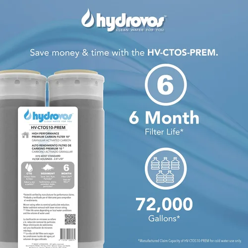 Miniatura 4 de HYDROVOS Filtro de agua GAC prémium de 10 x 2.5 pulgadas, cartucho de repuesto de carbón activado granular para filtración de agua en toda la casa