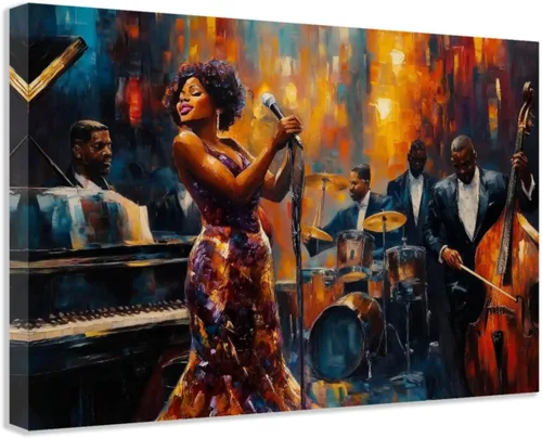 SWQYLB Arte de pared con música afroamericana, pintura de banda de jazz, impresiones en lienzo abstractas negras con imágenes musicales para club,