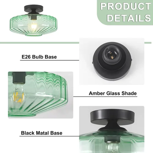 Miniatura 7 de Lámpara de techo de montaje semiempotrado, luces de techo de vidrio verde vintage de 11.8", lámpara de techo de 1 luz de estilo moderno de mediados