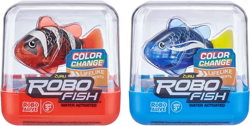 Robo Alive Pez Robótico Robo Fish Peces Robóticos Nadadores (Azul + Rojo Paquete de 2) por ZURU Activado por Agua, Cambia de Color, Viene con