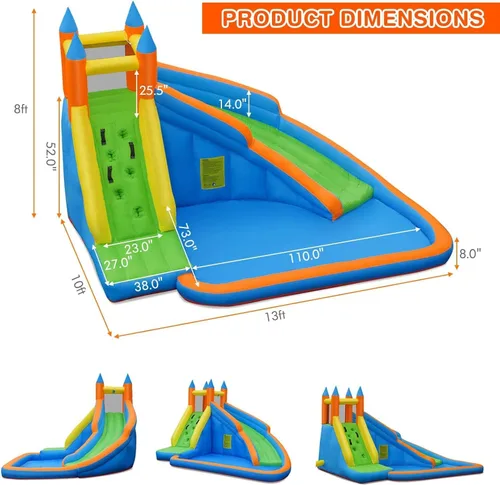 Miniatura 4 de COSTWAY Tobogán acuático inflable, parque acuático gigante con soplador de 480 W, pared de escalada, piscina de chapoteo, toboganes acuáticos