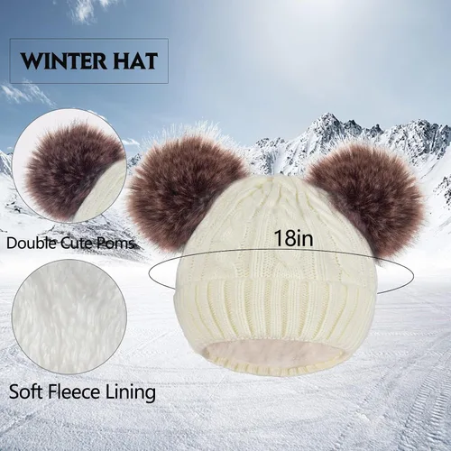 Miniatura 2 de 3 piezas de gorro de invierno para mujer, bufanda con pantalla táctil, gorro cálido de punto con doble pompón