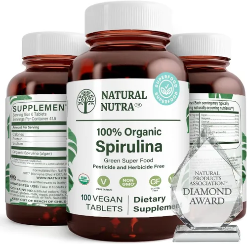 Natural Nutra Tabletas de espirulina orgánica 100% USDA, píldoras de proteína de algas verdes azules con minerales ricos, ayuda a la salud del