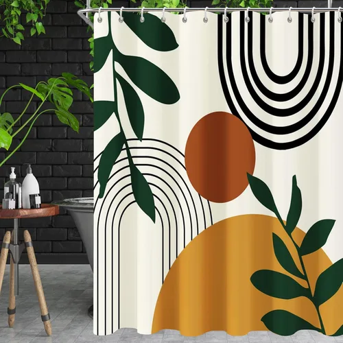 Cortina de ducha bohemia con hojas para baño, juego de cortinas de ducha de tela de hojas de luna de mediados de siglo, color beige, estética,
