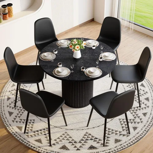 Miniatura 31 de Mesa de comedor redonda para 4-6, mesa de comedor negra con tablero de madera de 42'' y base de pedestal cilíndrico, mesa de cena redonda