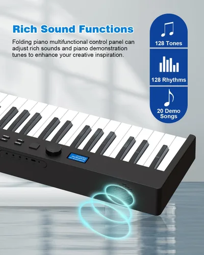 Miniatura 4 de Teclado de piano plegable de 88 teclas, teclado de piano portátil con tecla semipesada estándar, piano plegable con soporte Bluetooth/MIDI con Negro