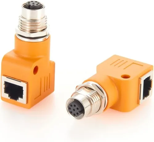 Miniatura 4 de Elecbee Adaptador de mamparo M12 a RJ45 impermeable M12 A Código 8 Pin hembra a RJ45 Jack de ángulo recto naranja