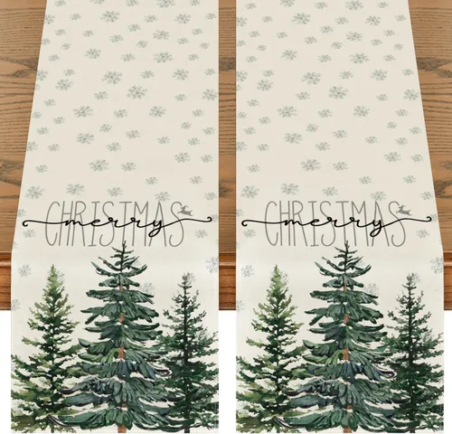 Miniatura 8 de Artoid Mode - Camino de mesa beige con diseño de árbol de pino y copos de nieve, «Feliz Navidad», decoración de mesa de comedor para fiestas