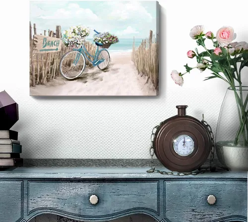 Miniatura 3 de Lienzo de playa para baño, imágenes del océano, impresión de lienzo de bicicleta junto al mar, pintura enmarcada de paisaje marino, verde azulado