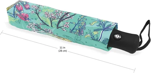 Miniatura 5 de Paraguas plegable con apertura automática, compacto, para lluvia, estilo vintage, retro, pájaro, floral, azul, para mujeres, hombres, niños, viajes