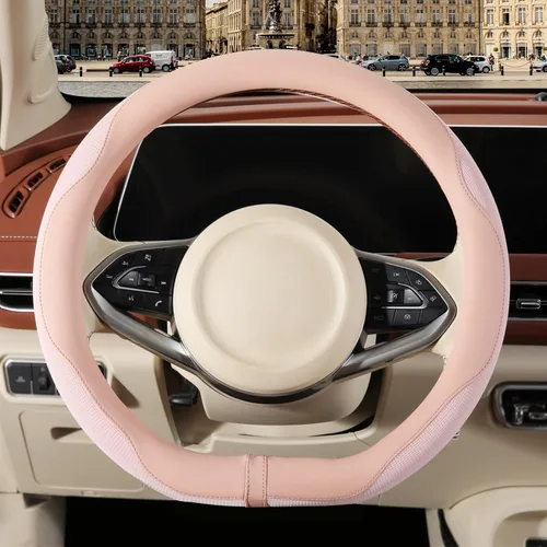 Funda para volante de cuero nappa rosa en forma de D, tela de microfibra de cuero avanzada transpirable y antideslizante, cálida en invierno y