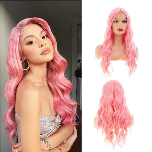 Miniatura 11 de Peluca larga y ondulada verde para mujer, parte media, disfraz de cosplay, peluca de repuesto de cabello sintético