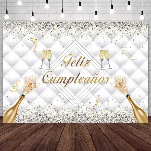 AIBIIN Telón de fondo de feliz cumpleaños de 8 x 6 pies, color dorado y plateado, fondo blanco para fotografía de cumpleaños, suministros para