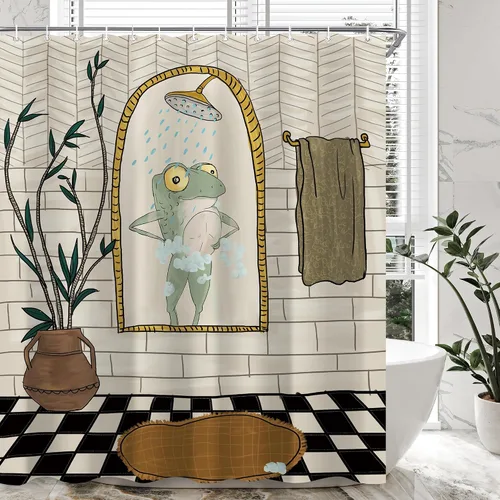 Miniatura 8 de Juego de cortina de ducha divertida con diseño de ranas para el baño 60x72 pulgadas, cortina de ducha retro linda con diseño de ranas, cortina