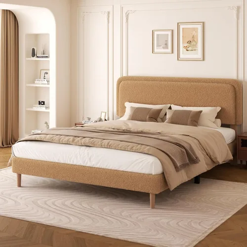 Miniatura 16 de Marco de cama tapizado Boucle de tamaño matrimonial con cabecera ajustable, cama de nube suave, no necesita somier, fácil montaje, sin ruido