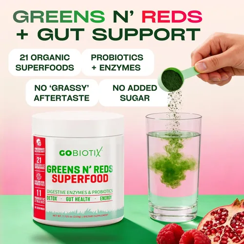 Miniatura 2 de GoBiotix Polvo súper verdes y polvo súper rojos: Superalimento vegano rojo y verde sin OMG + probióticos, enzimas, alimentos integrales orgánicos