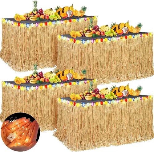 Miniatura 10 de Aneco 2 faldas de mesa de césped Luau de 9 pies x 30 pulgadas con cadena de luz LED, falda de mesa hawaiana iluminada, falda de hierba iluminada