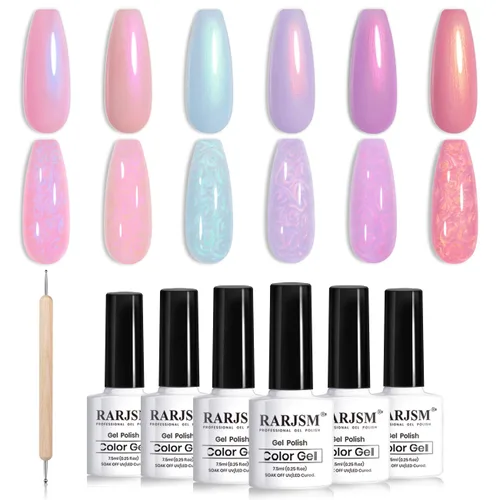 Miniatura 13 de RARJSM - Juego de esmaltes de uñas de gel perla, 6 colores: concha nacarada, purpurina, blanco, oro, rosa, verde, púrpura, con brillo de sirena
