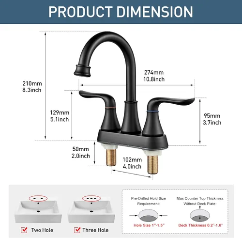 Miniatura 2 de GENBONS Grifos de baño para fregadero de 3 agujeros, 4 pulgadas, color negro mate con drenaje emergente y 2 mangueras de suministro, 2 manijas