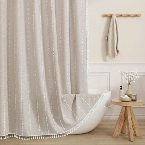 Miniatura 29 de MitoVilla - Juego de cortina de ducha de tela de granja gris, cortinas de ducha de poliéster y lino modernas estilo bohemio para decoración de baño