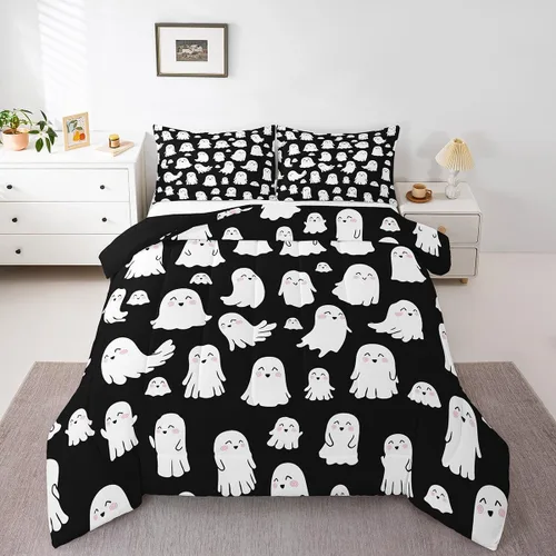 Miniatura 18 de Feelyou Juego de edredón de Halloween, color rosa fantasma, juego de ropa de cama tamaño individual, decoración para niños y niñas, lindo juego