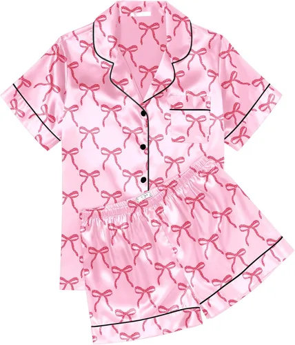 Miniatura 24 de Ekouaer Conjunto de pijama de satén de seda para mujer, suave, de manga corta, con botones, ropa para dormir, camiseta y pantalones cortos, juego