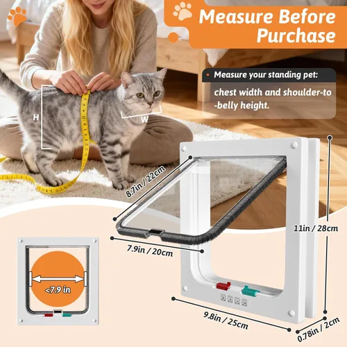 Miniatura 6 de Puerta de gato para ventanas, tamaño exterior de 11 x 9.8 pulgadas, puerta resistente a la intemperie para mascotas con cerradura de 4 vías, puerta