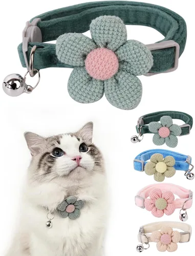 Miniatura 8 de Collar de gato Breakaway con material de felpa suave y flor tejida a mano, collar de seguridad ajustable para piel sensible, collar decorativo