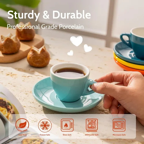 Miniatura 4 de Sweese Tazas de espresso de 2 onzas con platillos, juego de 6 tazas de espresso de porcelana, colores surtidos