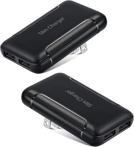 Cargador de pared USB doble, [paquete de 2] cargador plano de pared USB delgado compatible con iPhone 16 15 14 Pro Max/13/12/11/Xr/Xs/X, Galaxy Negro