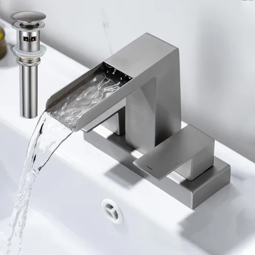 Grifo de lavabo de lavabo de 4 pulgadas con cascada de 3 agujeros, grifo de lavabo moderno con desagüe desplegable de desbordamiento, níquel Níquel