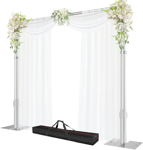 Soporte de fondo de tubo y cortina, marco de fondo ajustable resistente de 8.9 x 10 pies con base de metal, soporte trasero para fiestas, Plateado