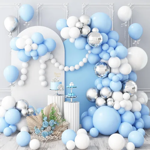 Miniatura 7 de Jobkoo Kit de arco de globos azul y blanco, guirnalda de globos de aluminio plateado 4D, globos de látex azul claro y plateado, globos de látex