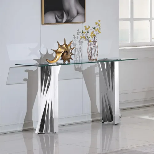 Miniatura 11 de SSLine Mesa consola moderna de lujo, mesa rectangular de cristal para entrada de pasillo, sala de estar, almacenamiento de 2 niveles, diseño