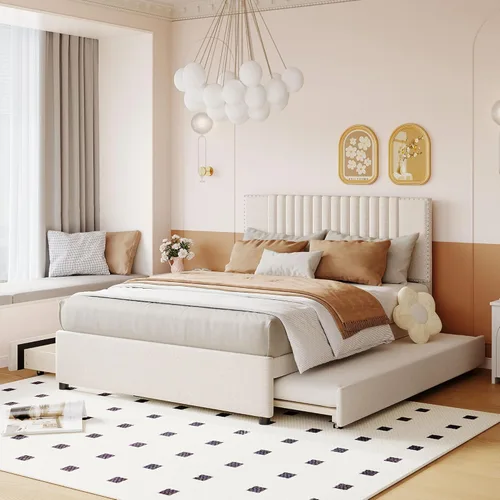 Cama de tamaño matrimonial con 2 cajones de almacenamiento y 1 cama corrediza de tamaño individual, base de cama matrimonial tapizada con soporte de