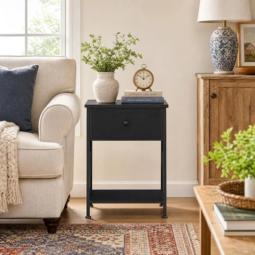 Miniatura 5 de VECELO Mesita de Noche Moderna, Mesa de Noche con Cajón y Estante de Almacenamiento para Sala de Estar y Dormitorio, Marco de Metal Industrial Negro