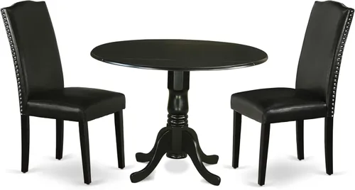 East West Furniture DLEN3-BLK-69 - Juego de muebles de comedor de 3 piezas que contiene una mesa de comedor redonda con gotas y 2 sillas tapizadas