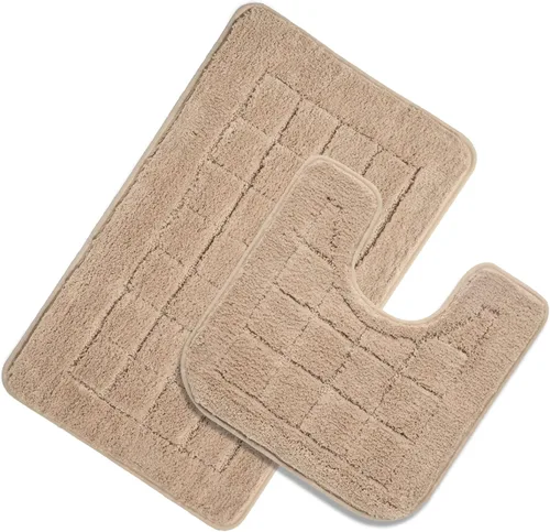HEBE Juego de Alfombras de Baño de 2 Piezas Beige Antideslizantes Combo de Alfombra de Contorno de Baño de Microfibra Tapete de Baño y Ducha y