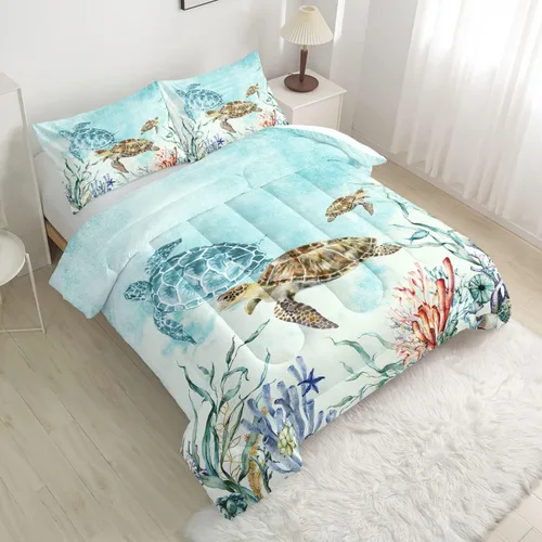 Miniatura 2 de CVHOUSE Juegos de Edredón de Tortuga Marina King para Amantes del Océano, Juegos de Ropa de Cama Turtle Beach King Set, Colcha de Tortuga, Edredón