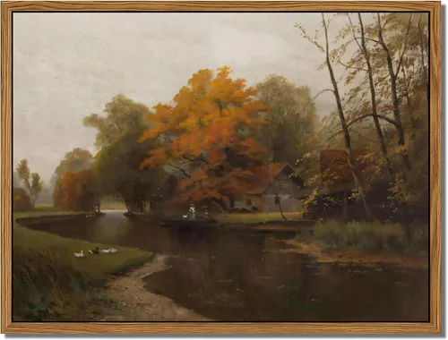 Arte de Pared de Lienzo Enmarcado Flotante - Impresiones Vintage de Otoño junto al Agua, Pinturas de Paisajes, Cuadros de la Naturaleza del Campo,