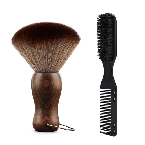 Cepillo de plumero de cuello de peluquero Mango de madera con gancho para corte de cabello... (cepillo de cuello+cepillo de peine negro)