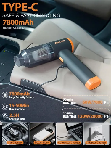 Miniatura 7 de aokway Aspiradora de Coche Portátil Inalámbrica 20000PA de Potente Succión, Aspiradora Mini de 7800mAh para Coche, Aspiradora Eléctrica y Soplador